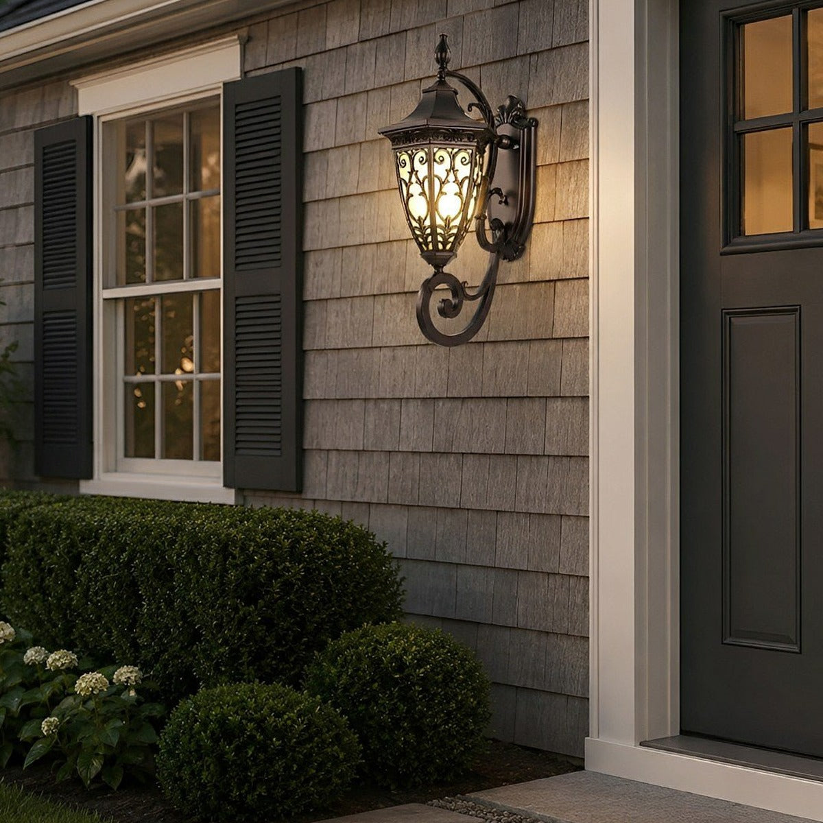 Floral Scroll Lantern Porch Light, Black Coffee Aluminum Wall Sconce 9