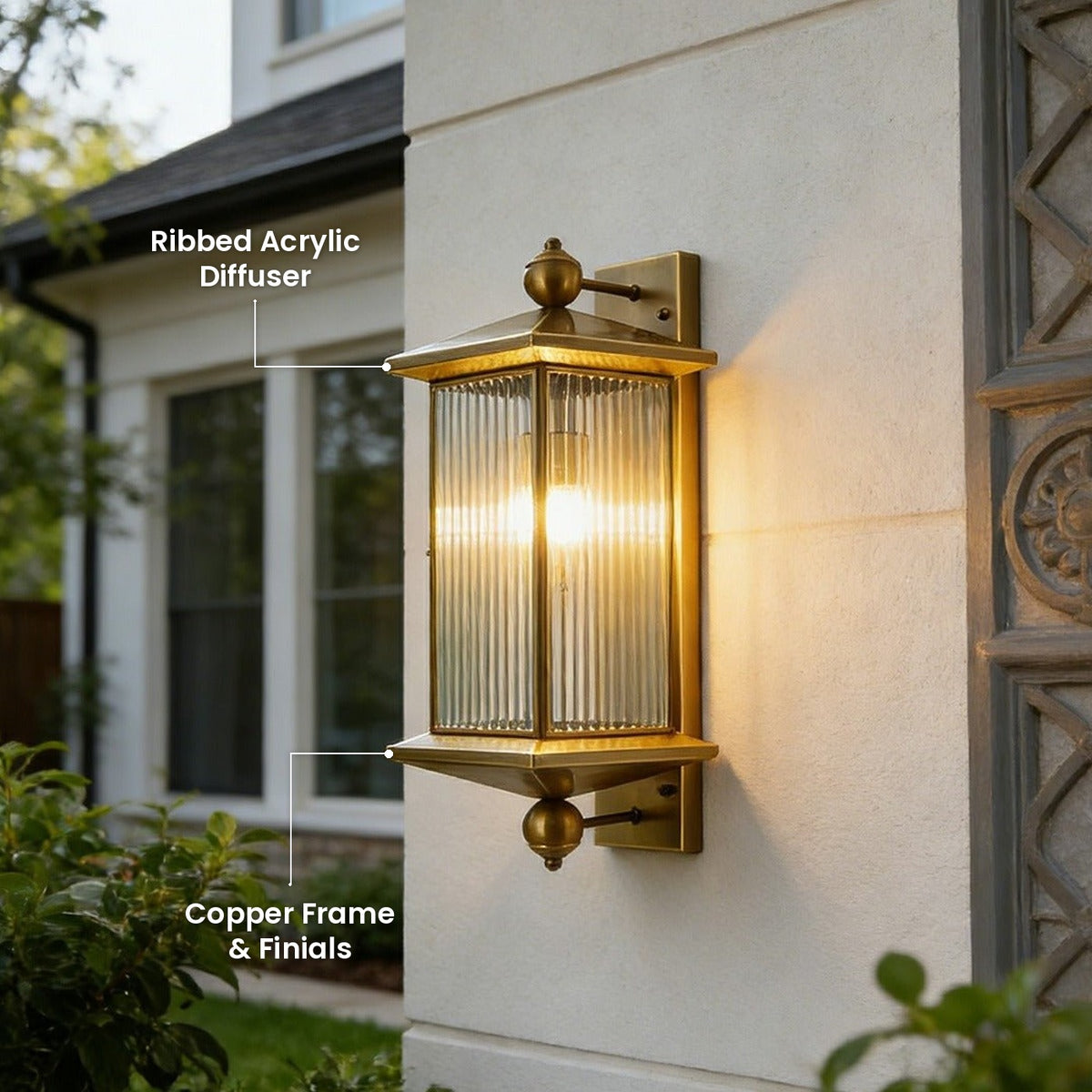 Fluted Column Lantern Wall Light: Ribbed Acrylic Diffuser, Copper Frame & Finials