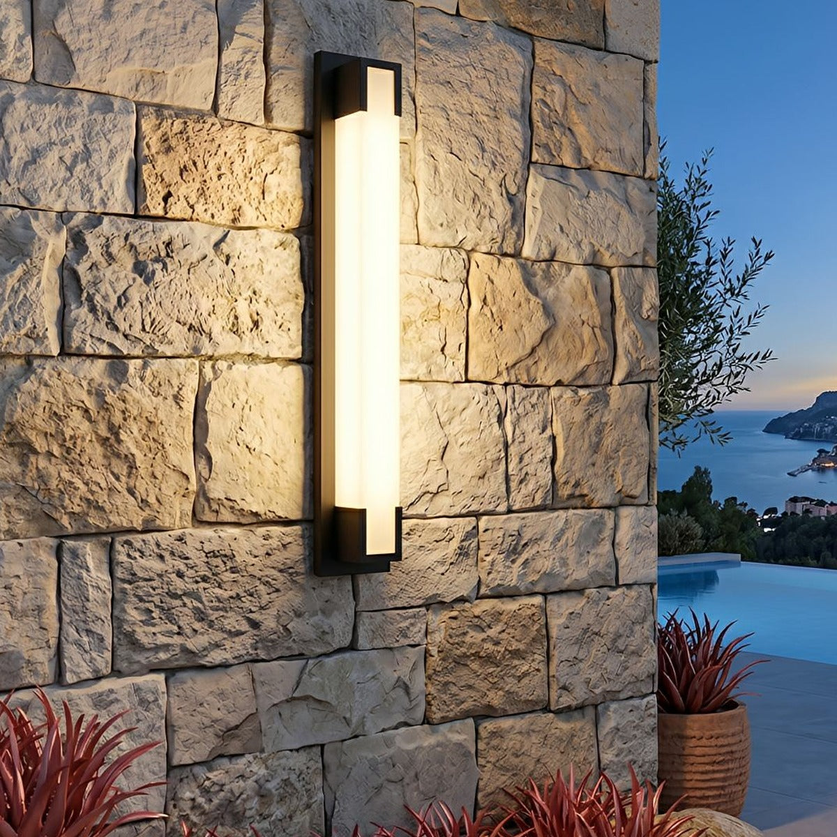 Framed Glow Bar Wall Light, Black Stainless Steel Outdoor Sconce 2
