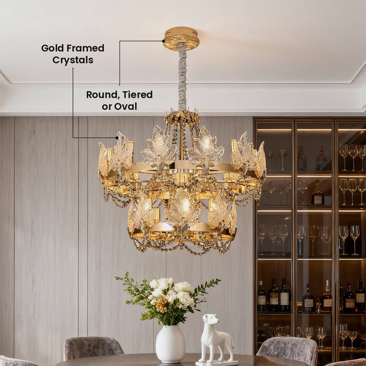 French Crystal Chandelier: Gold Framed Crystals, Round, Tiered or Oval