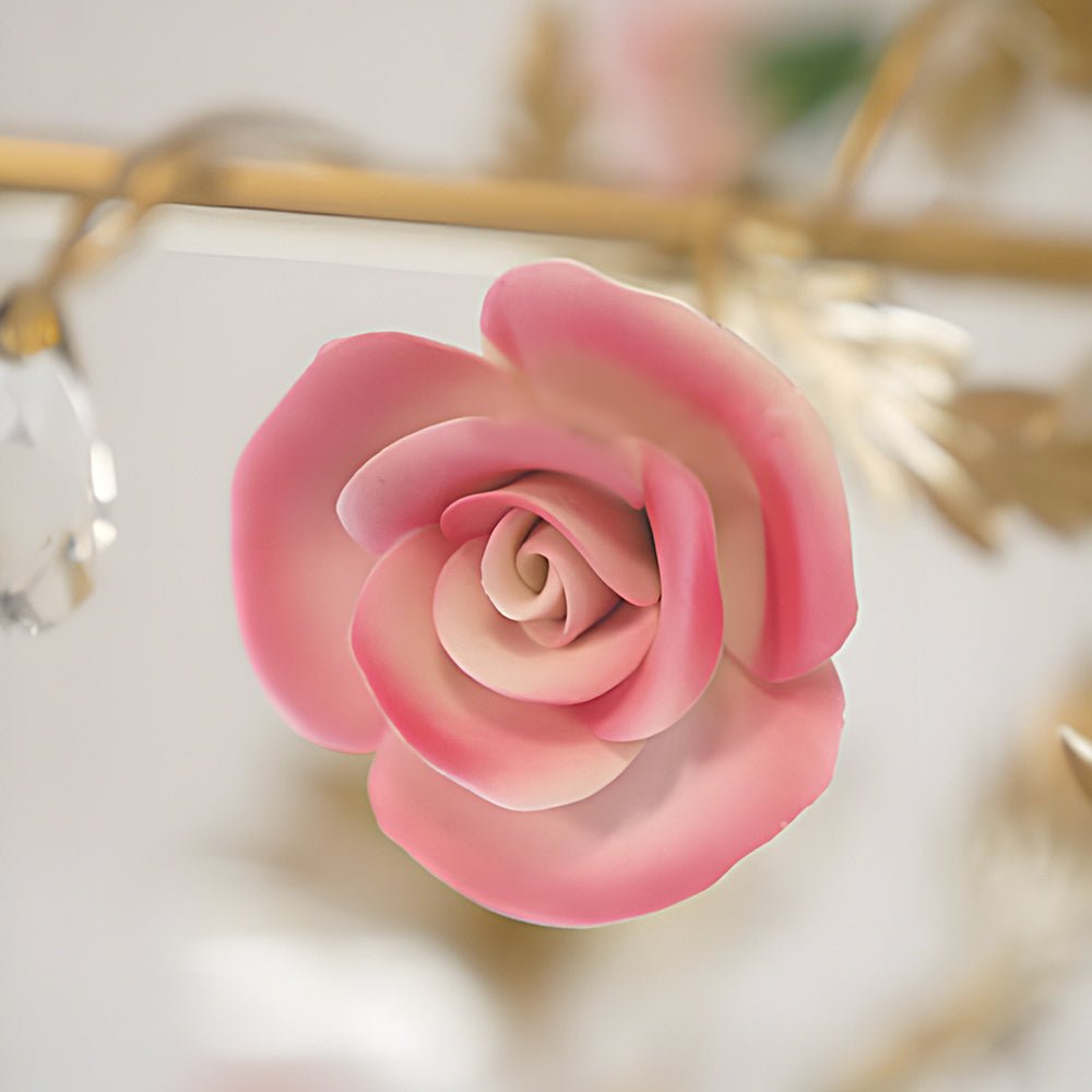 Pink Ceramic Rose Candle Chandelier, Gold Iron French Country Light 4