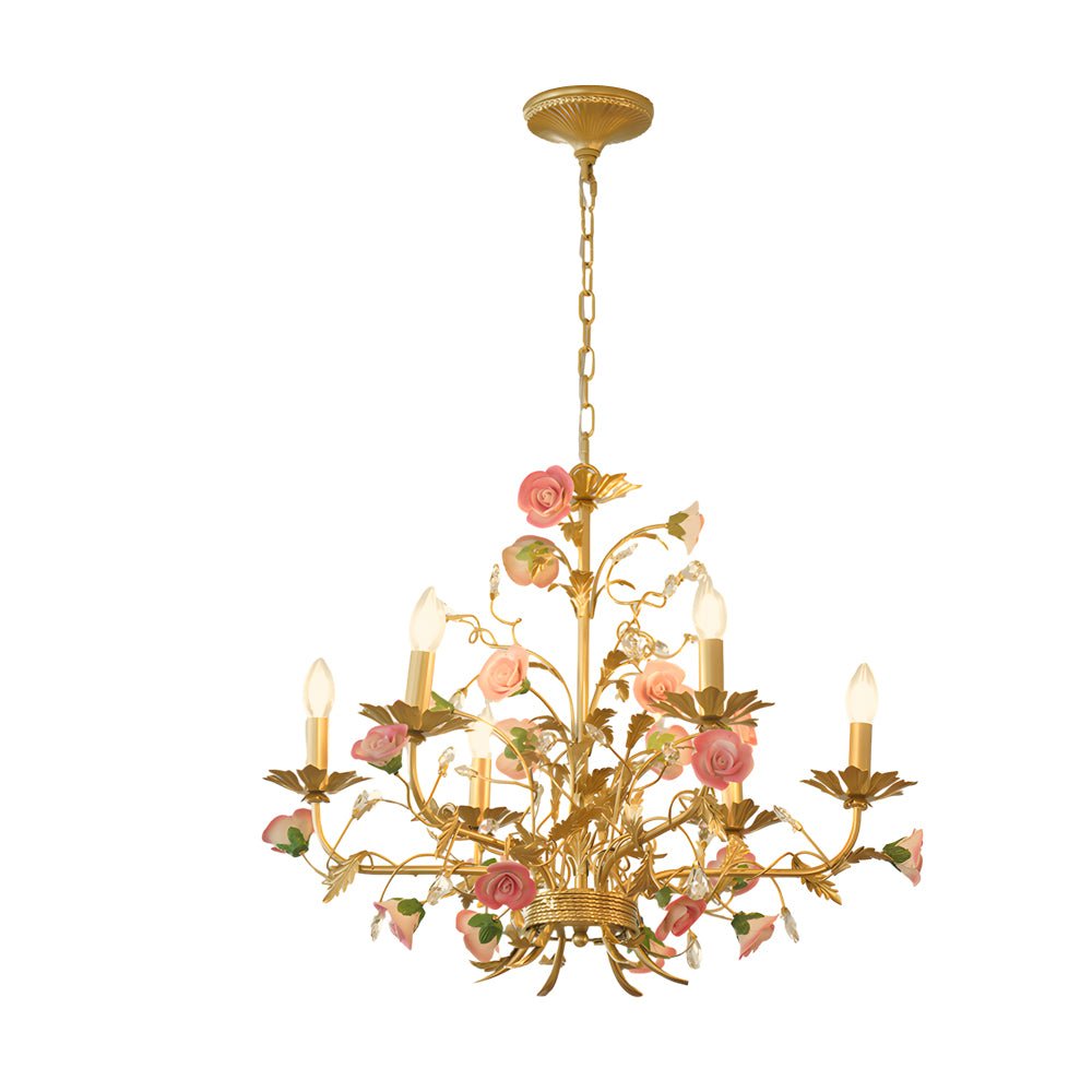 Pink Ceramic Rose Candle Chandelier, Gold Iron French Country Light 6