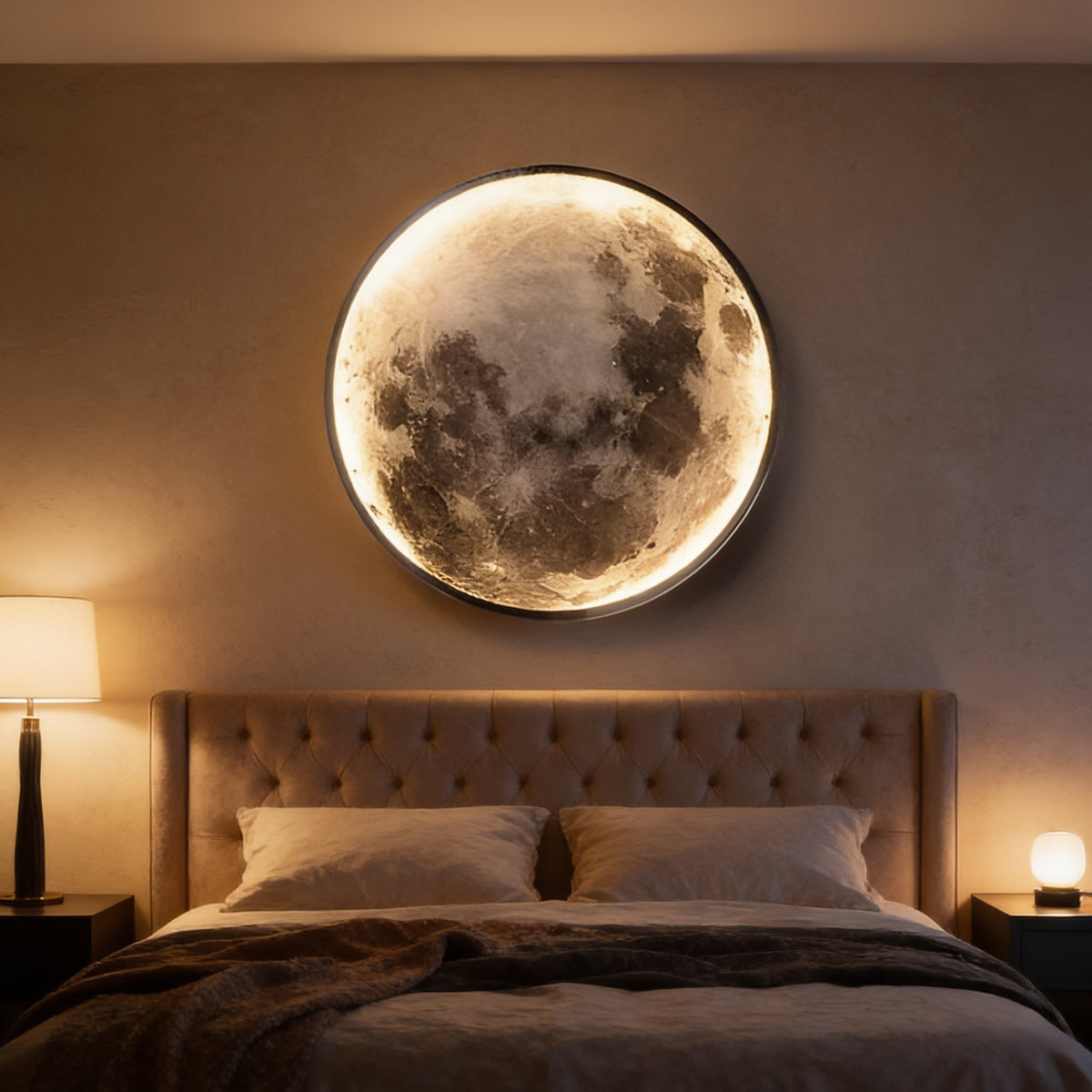 Full Moon Wall Lamp glowing above a bed