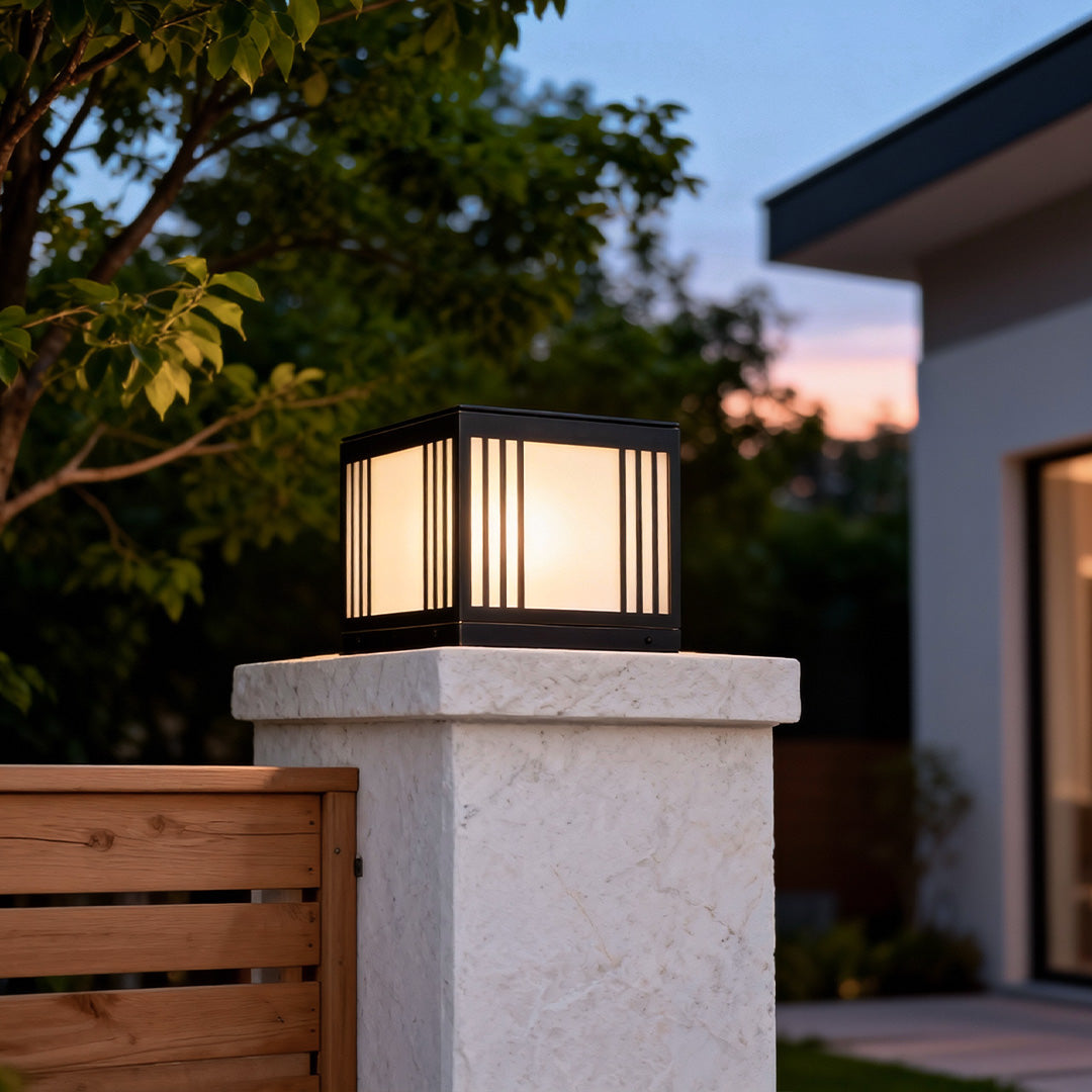 Glass Cube Solar Gate Light, Black Copper Pillar Post Light