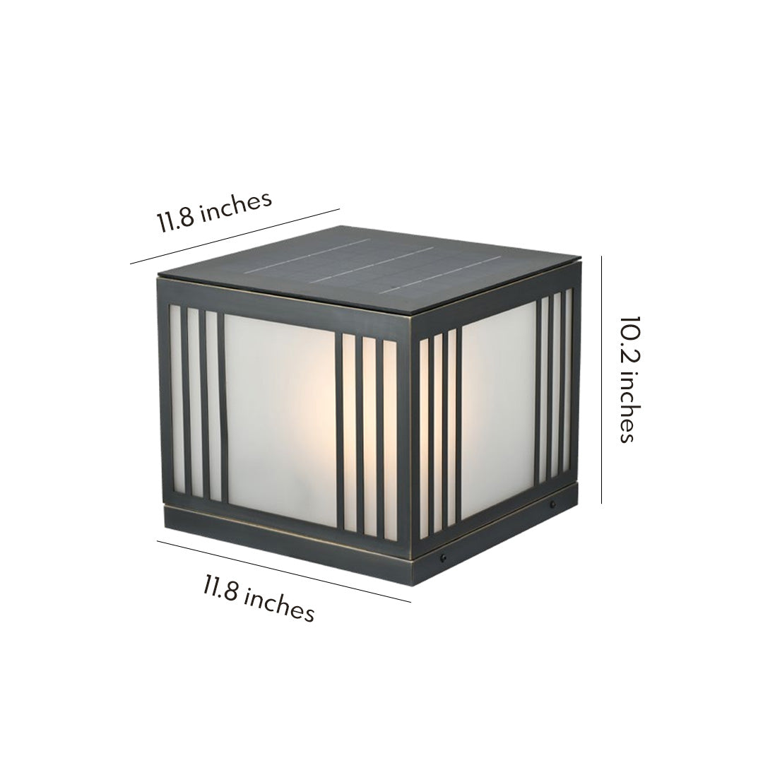 Glass Cube Solar Gate Light, Black Copper Pillar Post Light