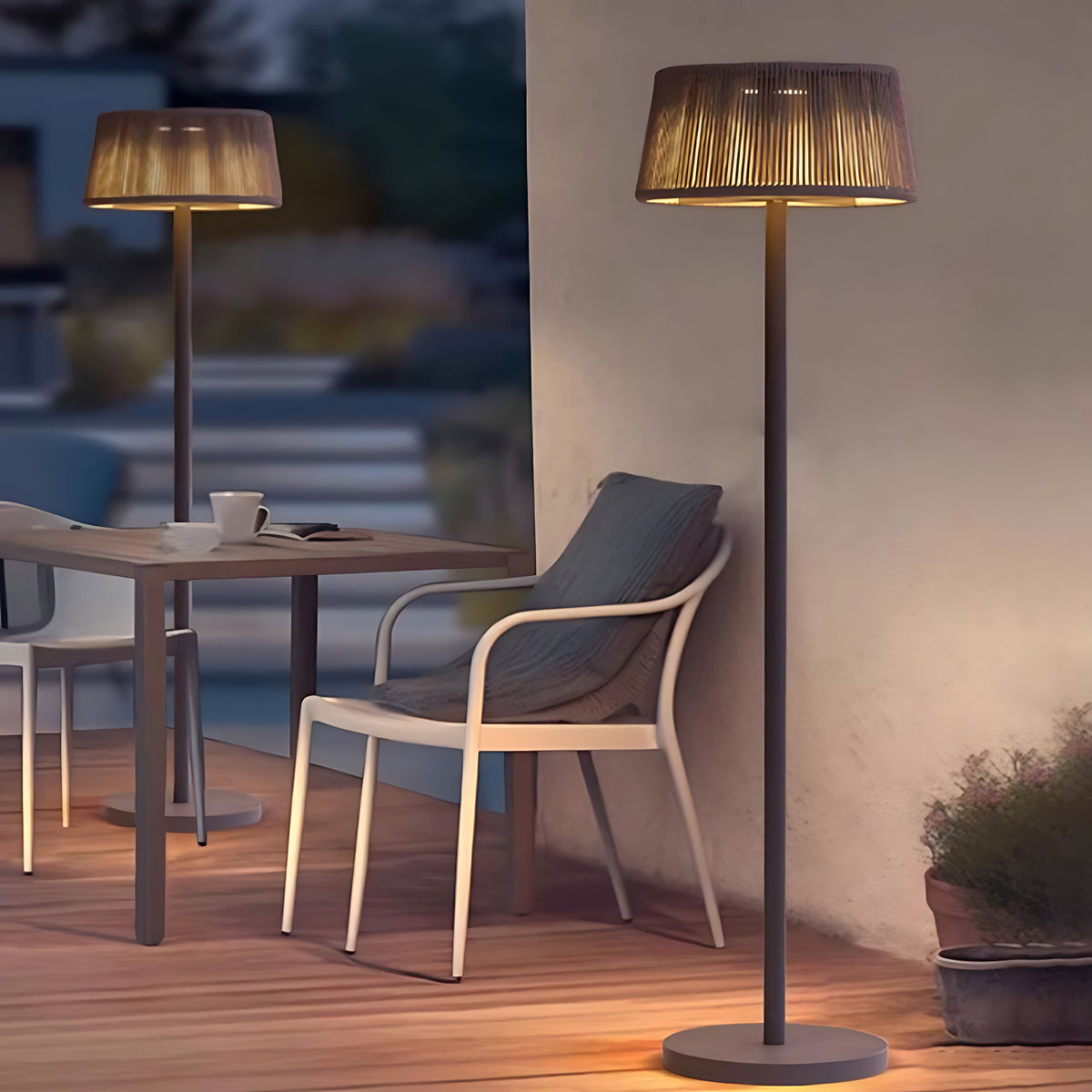 Woven Shade Patio Floor Lamp, Black Steel Outdoor Floor Lamp