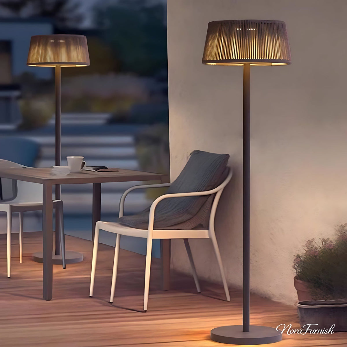 Woven Shade Patio Floor Lamp, Black Steel Outdoor Floor Lamp