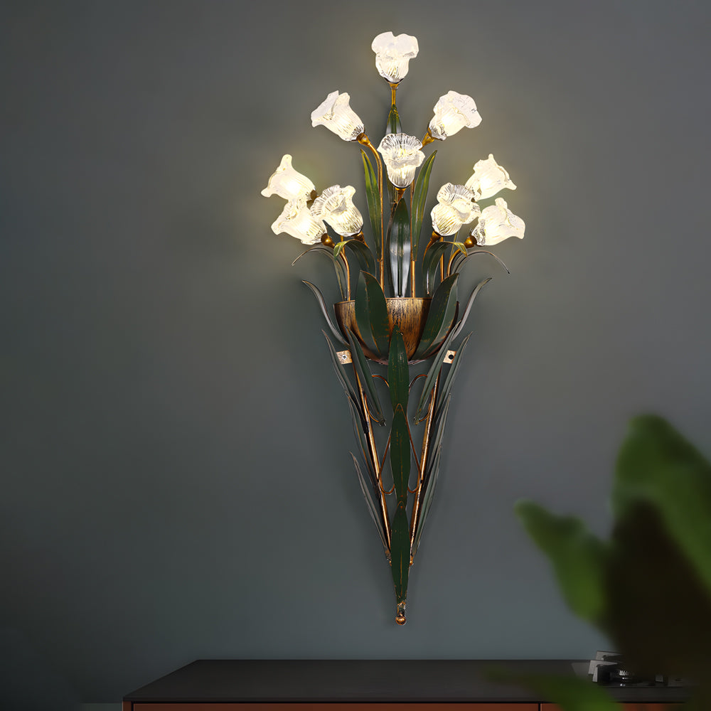 Glass Bouquet Wall Sconce, Iron Leaf Floral Wall Light