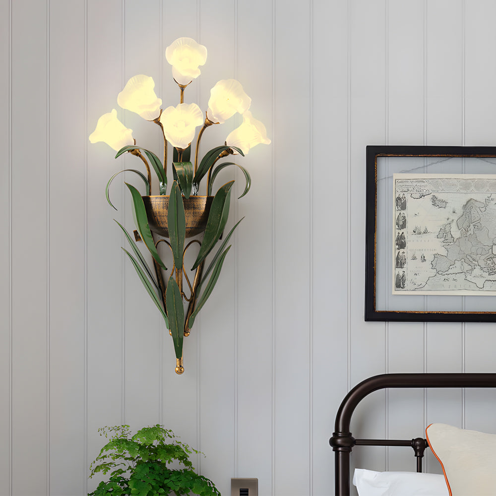 Glass Bouquet Wall Sconce, Iron Leaf Floral Wall Light