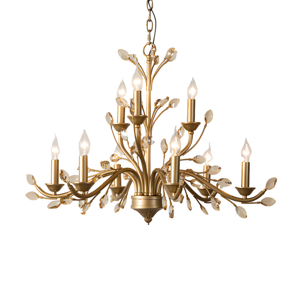 Crystal Leaf Branch Candle Chandelier, Gold Vintage Ceiling Light 13