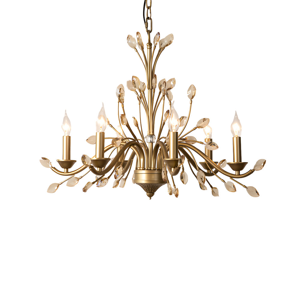 Crystal Leaf Branch Candle Chandelier, Gold Vintage Ceiling Light 12
