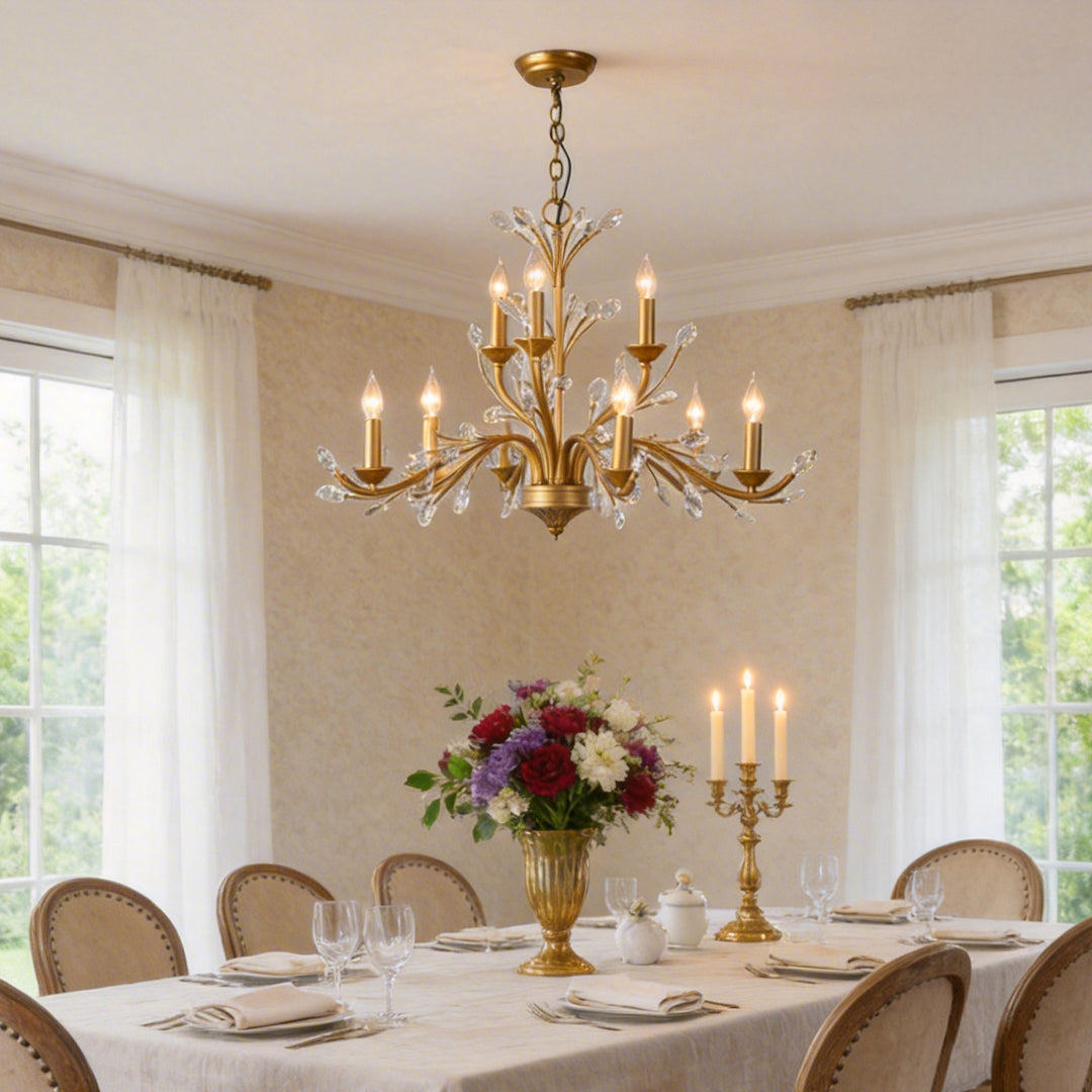 Crystal Leaf Branch Candle Chandelier, Gold Vintage Ceiling Light 2