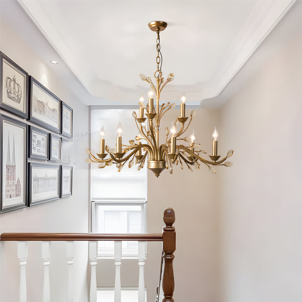 Crystal Leaf Branch Candle Chandelier, Gold Vintage Ceiling Light 3