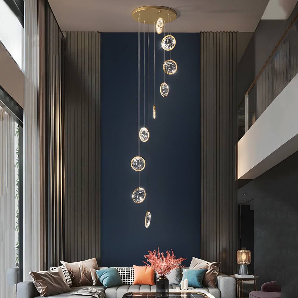 Starburst Crystal Ring Staircase Chandelier, Gold LED Pendant Light 4