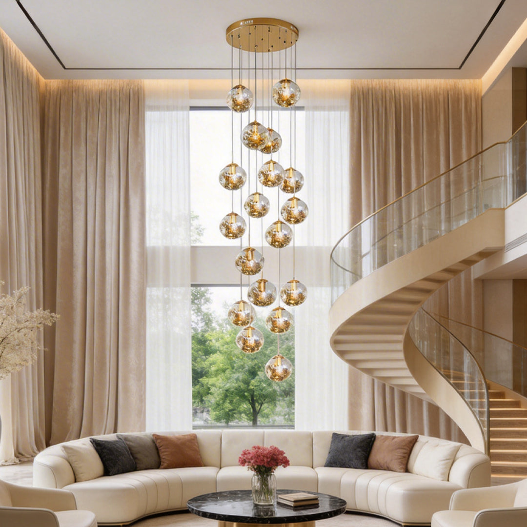 Cognac Glass Globe Staircase Chandelier, Gold Long Drop Light