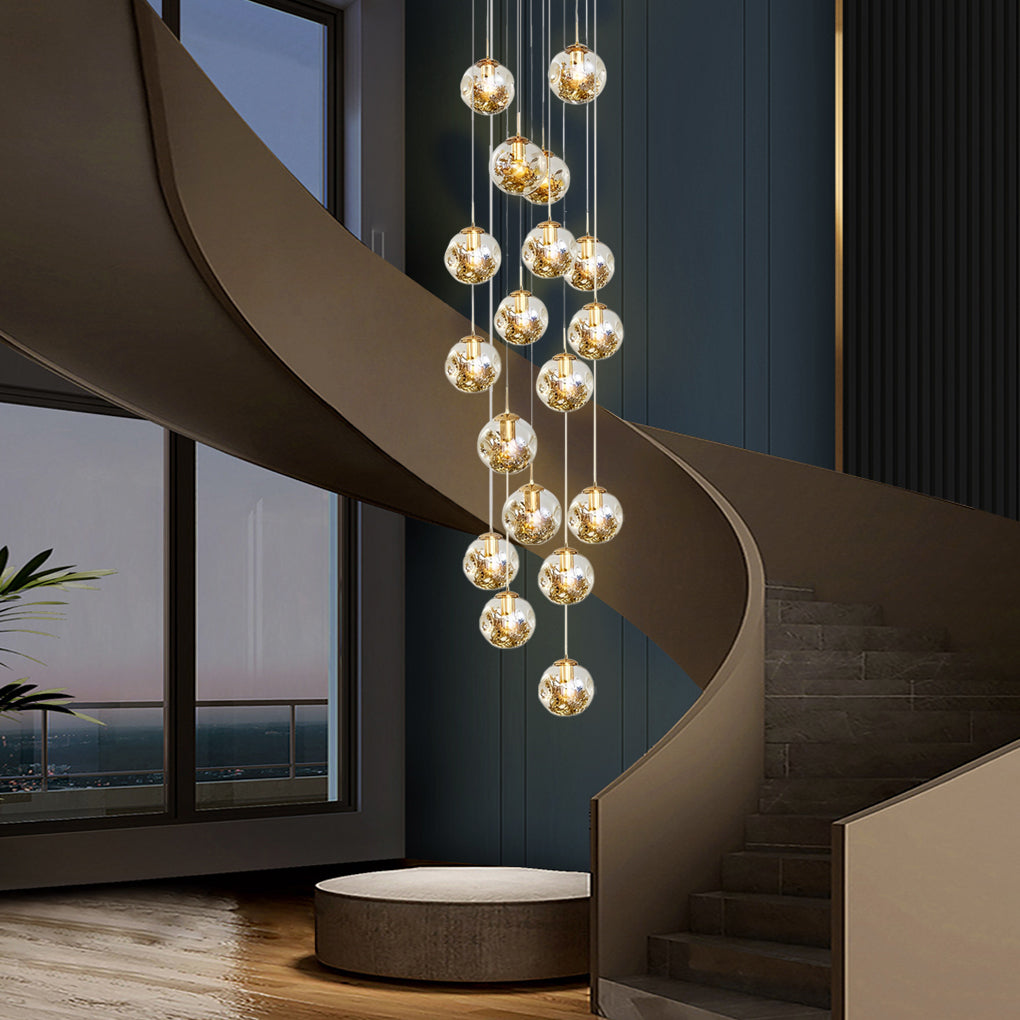 Cognac Glass Globe Staircase Chandelier, Gold Long Drop Light 6