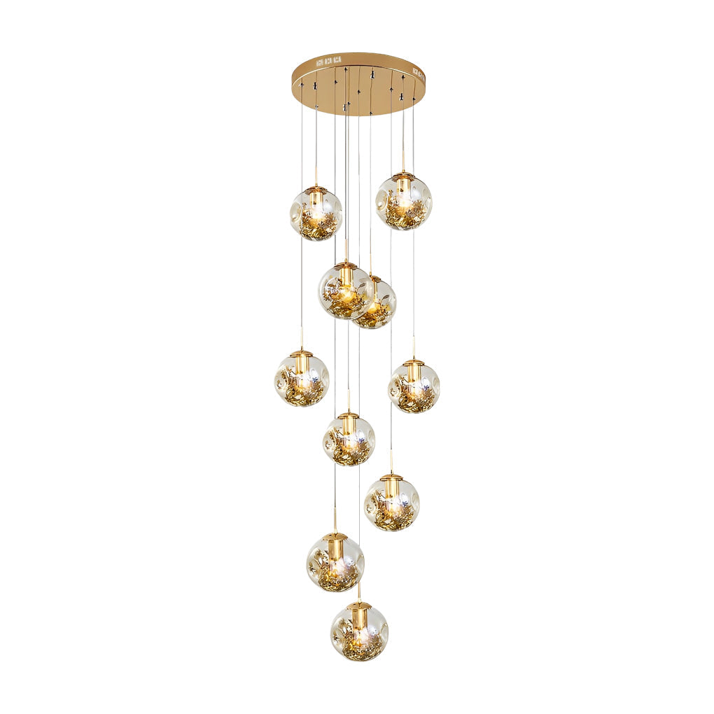 Cognac Glass Globe Staircase Chandelier, Gold Long Drop Light 10