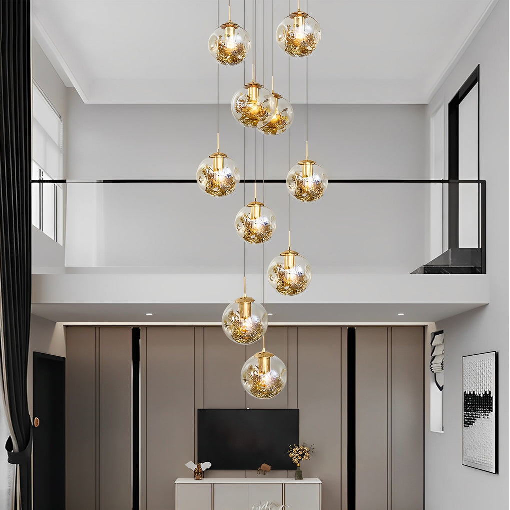 Cognac Glass Globe Staircase Chandelier, Gold Long Drop Light 4