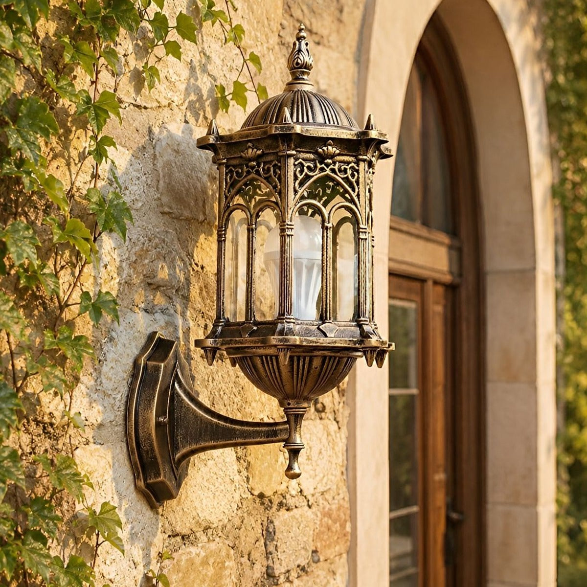 Gothic Gazebo Lantern Porch Light, Aluminum and Glass Sconce