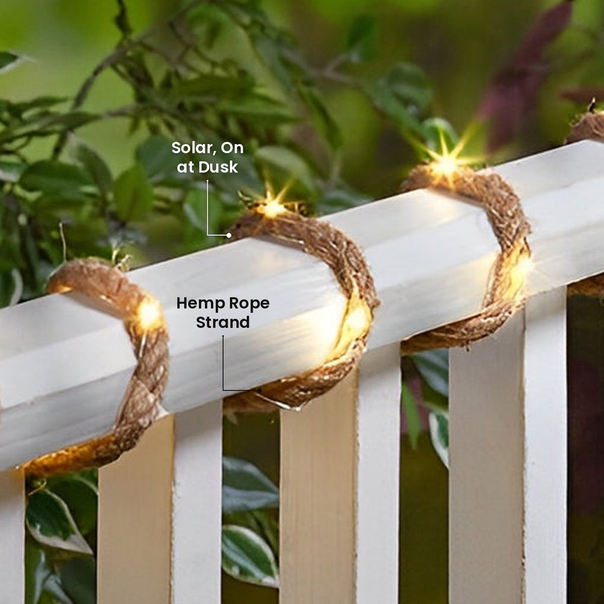Hemp Rope String Lights: Hemp Rope Strand, Solar, On at Dusk