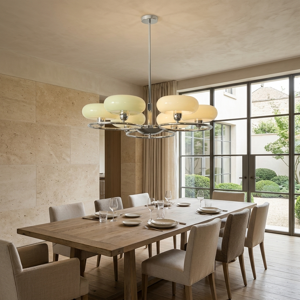 French Retro Glass Shade Chandelier, 6 Light Round