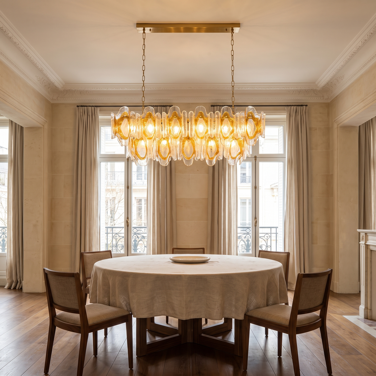 Layered Amber Glass Linear Chandelier, Gold Frame