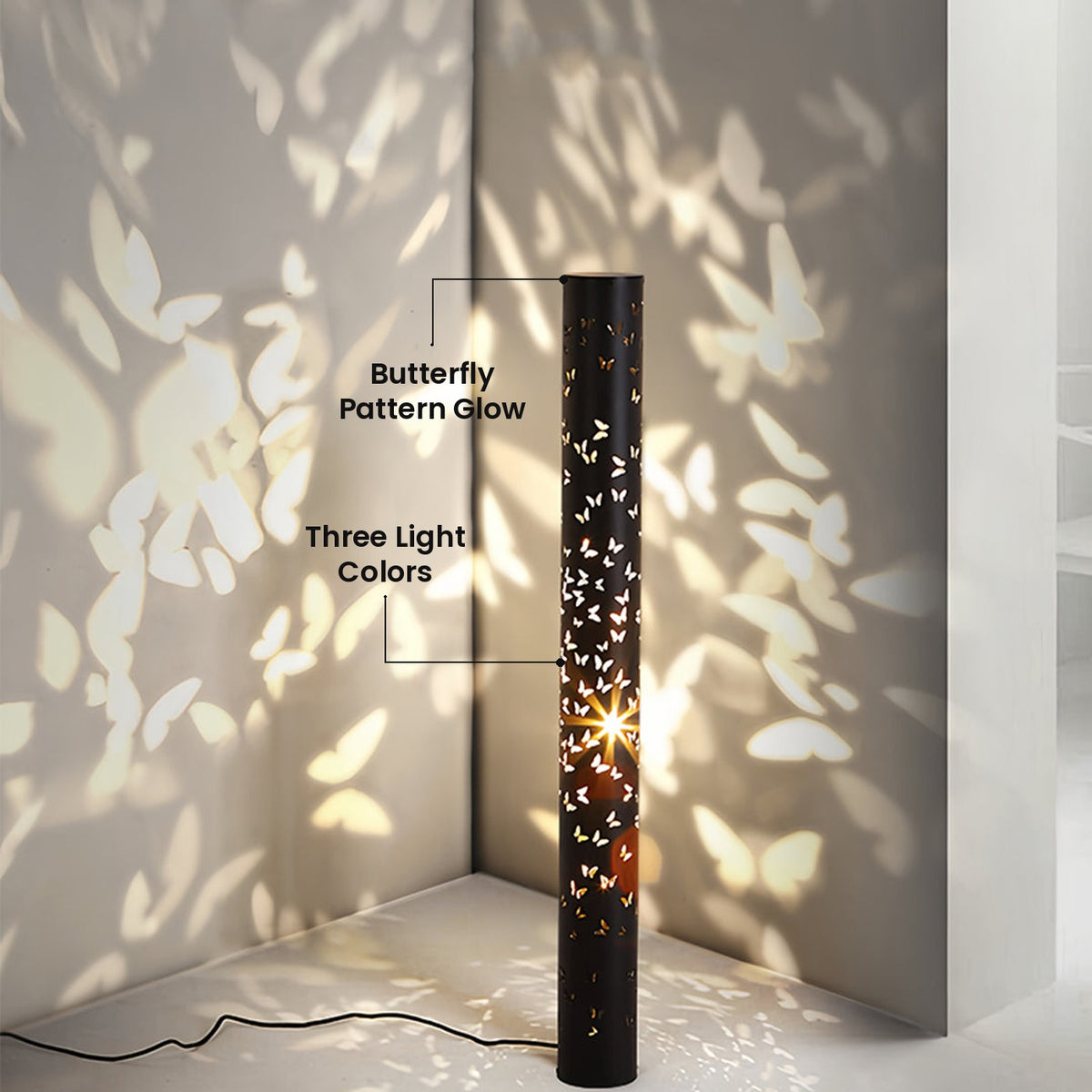 Butterfly Column Floor Lamp: Butterfly Pattern Glow, Three Light Colors
