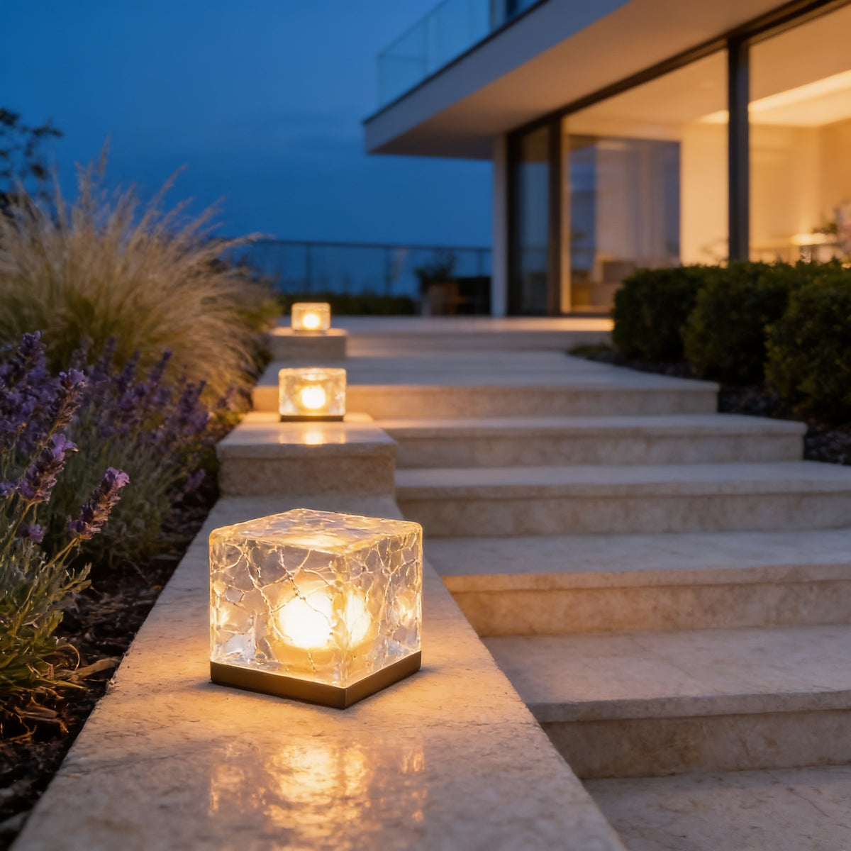 Warm white Ice Cube Step Lights glowing on limestone garden steps