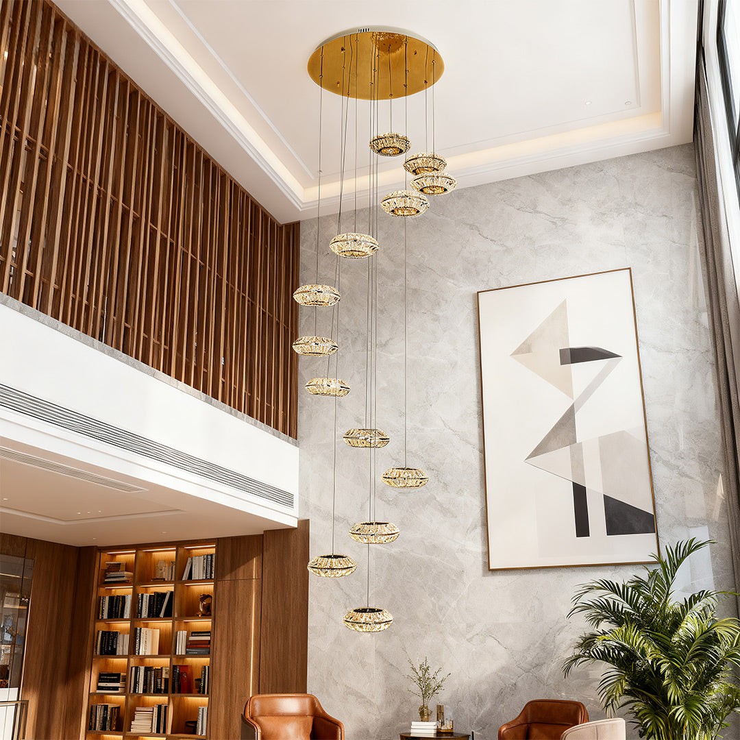 Crystal Halo Staircase Chandelier, Titanium Gold Duplex Light 3