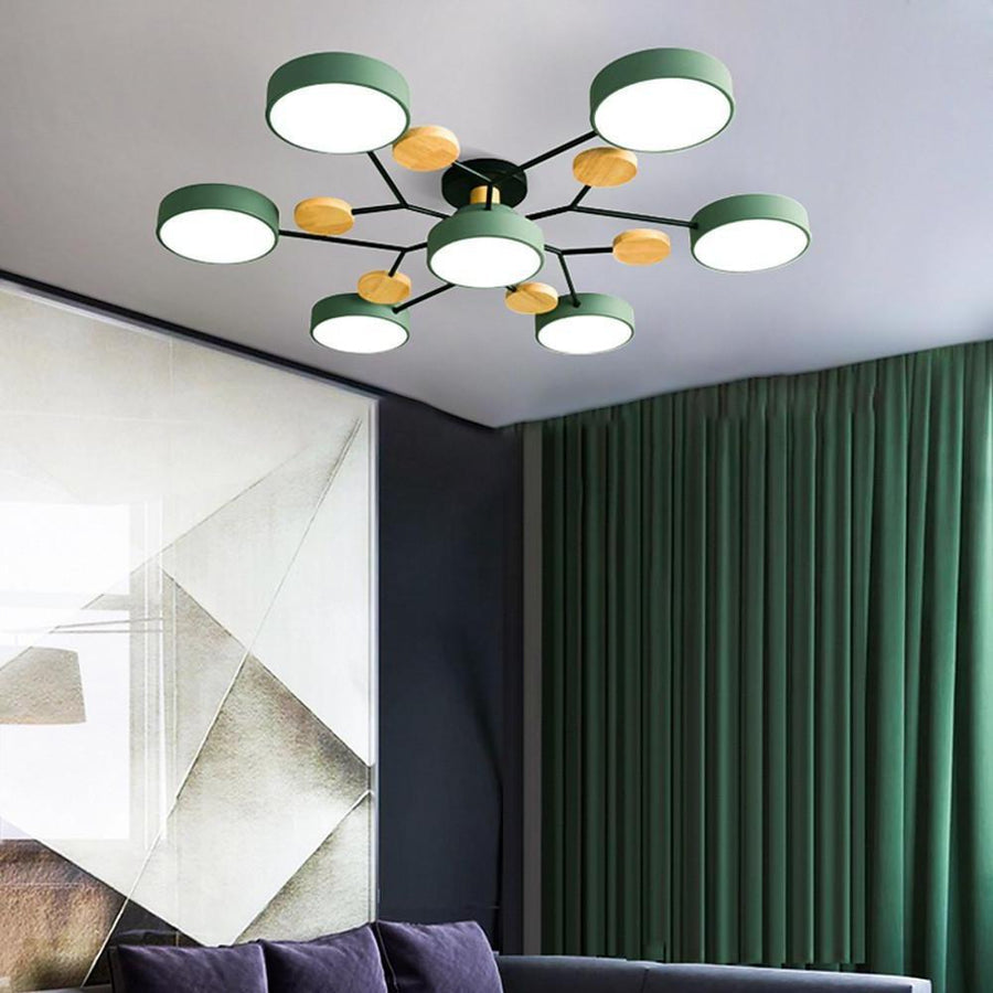 Orbit Disc Semi Flush Chandelier, Wood Accent Metal Ceiling Light 11