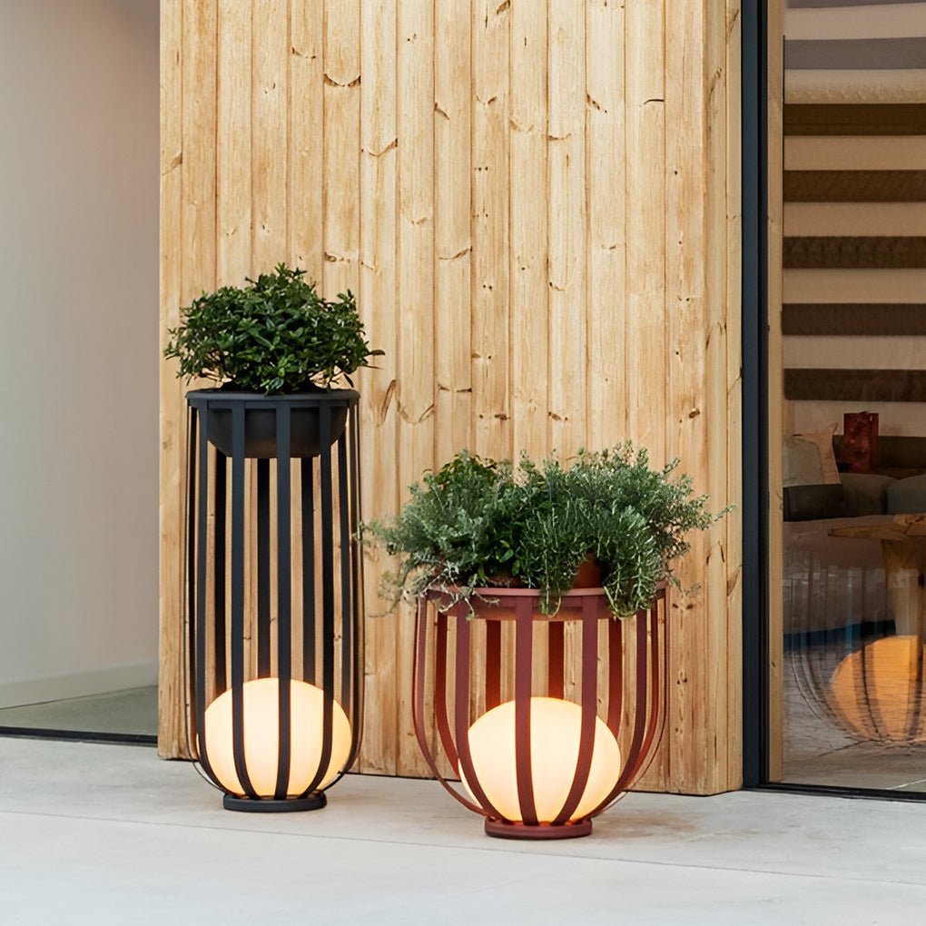 Caged Globe Planter Lantern, Industrial Steel Outdoor Floor Lamp