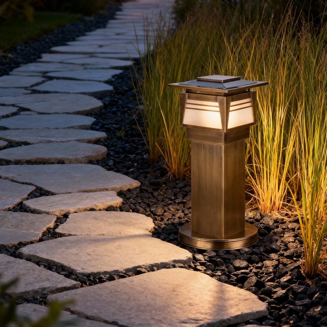 Pagoda Top Garden Bollard, Antique Copper Landscape Path Light