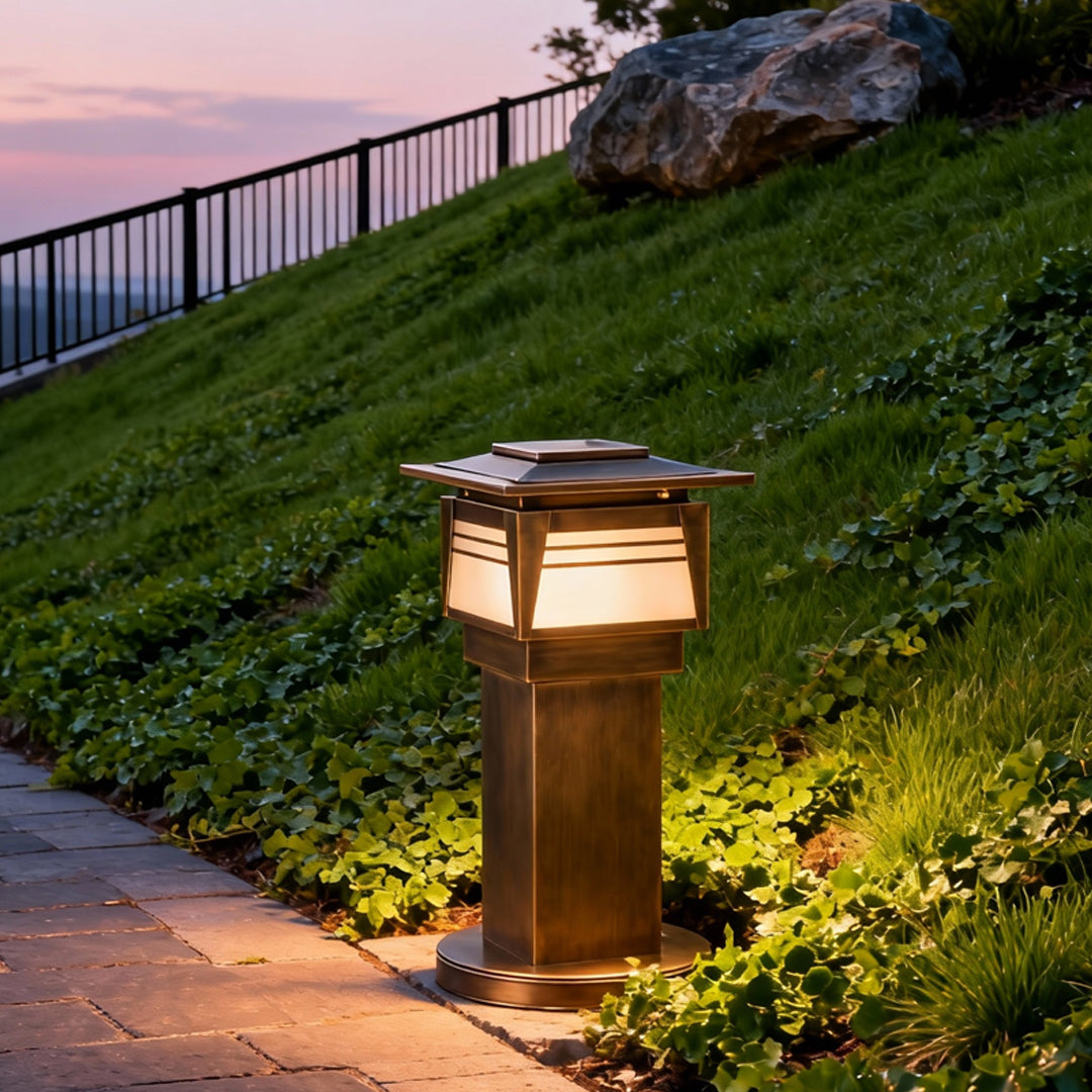 Pagoda Top Garden Bollard, Antique Copper Landscape Path Light