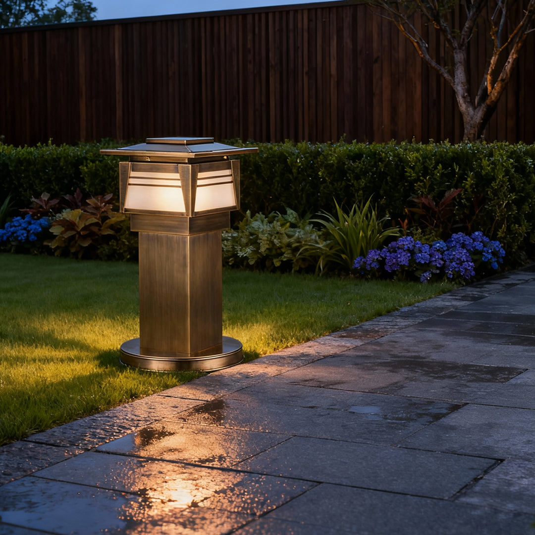 Pagoda Top Garden Bollard, Antique Copper Landscape Path Light