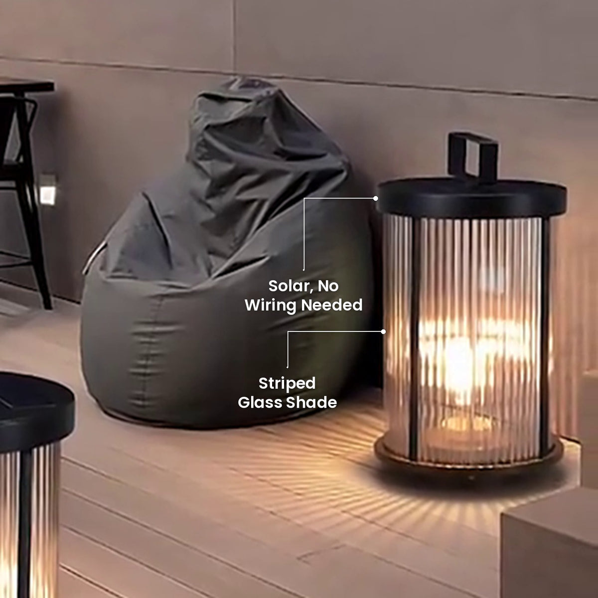 Striped Glass Solar Lantern: Striped Glass Shade, Solar, No Wiring Needed