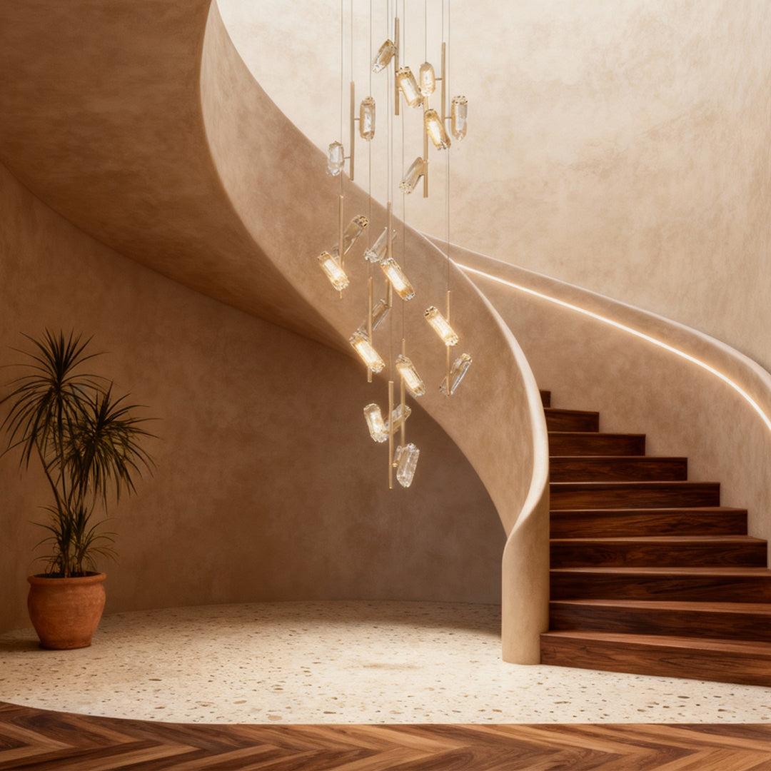 Faceted Block Staircase Chandelier, Gold Aluminum Long Drop Light 3