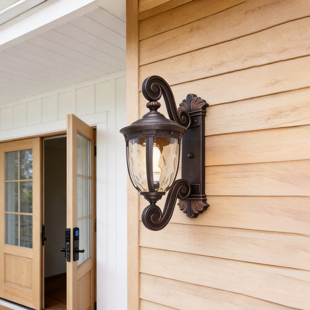 Scroll Arm Lantern Wall Light, Brown Black Aluminum Sconce
