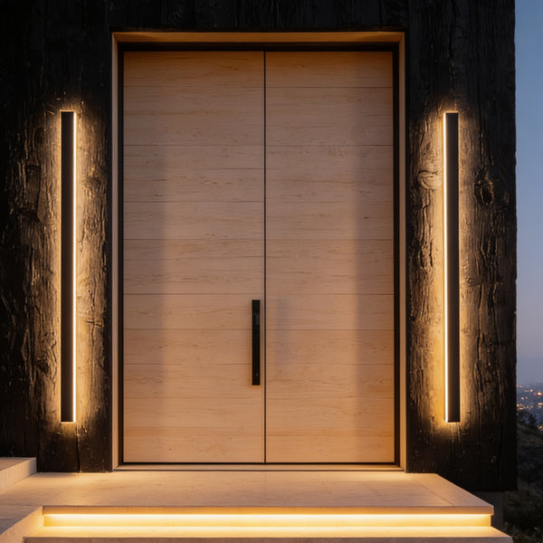 Two Linear Outdoor Wall Lights beside a pale oak door on a charred timber home