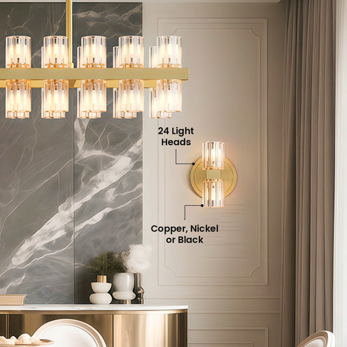 American Copper Crystal Chandelier: 24 Light Heads, Copper, Nickel or Black