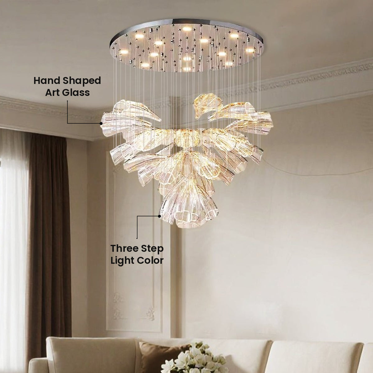 Handcrafted Flower Glass Chandelier: Hand Shaped Art Glass, Three Step Light Color