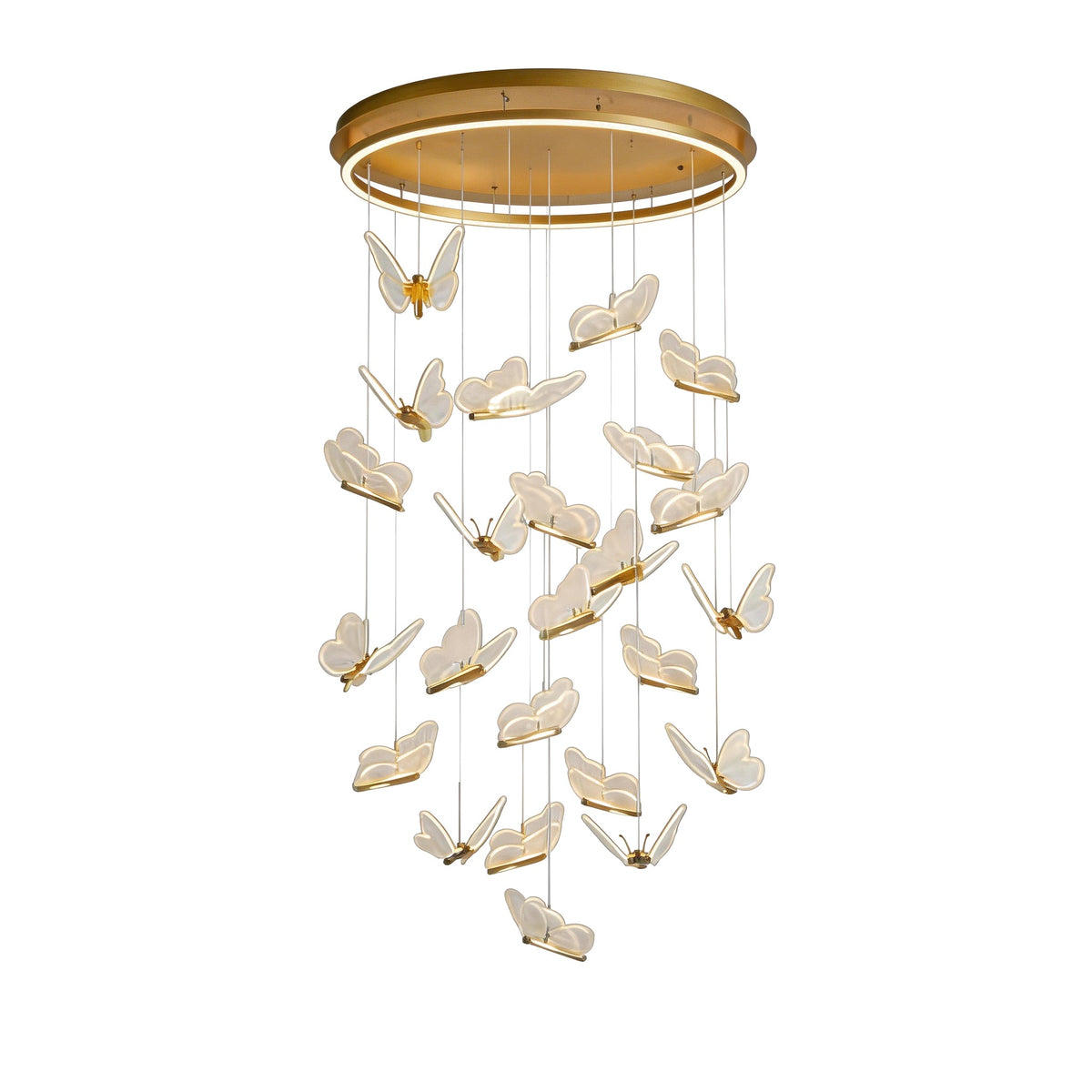 Glowing Butterfly Staircase Chandelier, Gold Iron and Acrylic Light 21