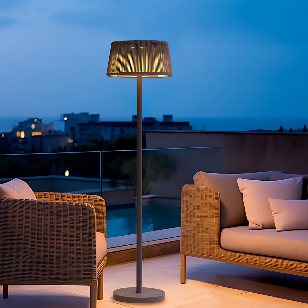 Woven Shade Patio Floor Lamp, Black Steel Outdoor Floor Lamp