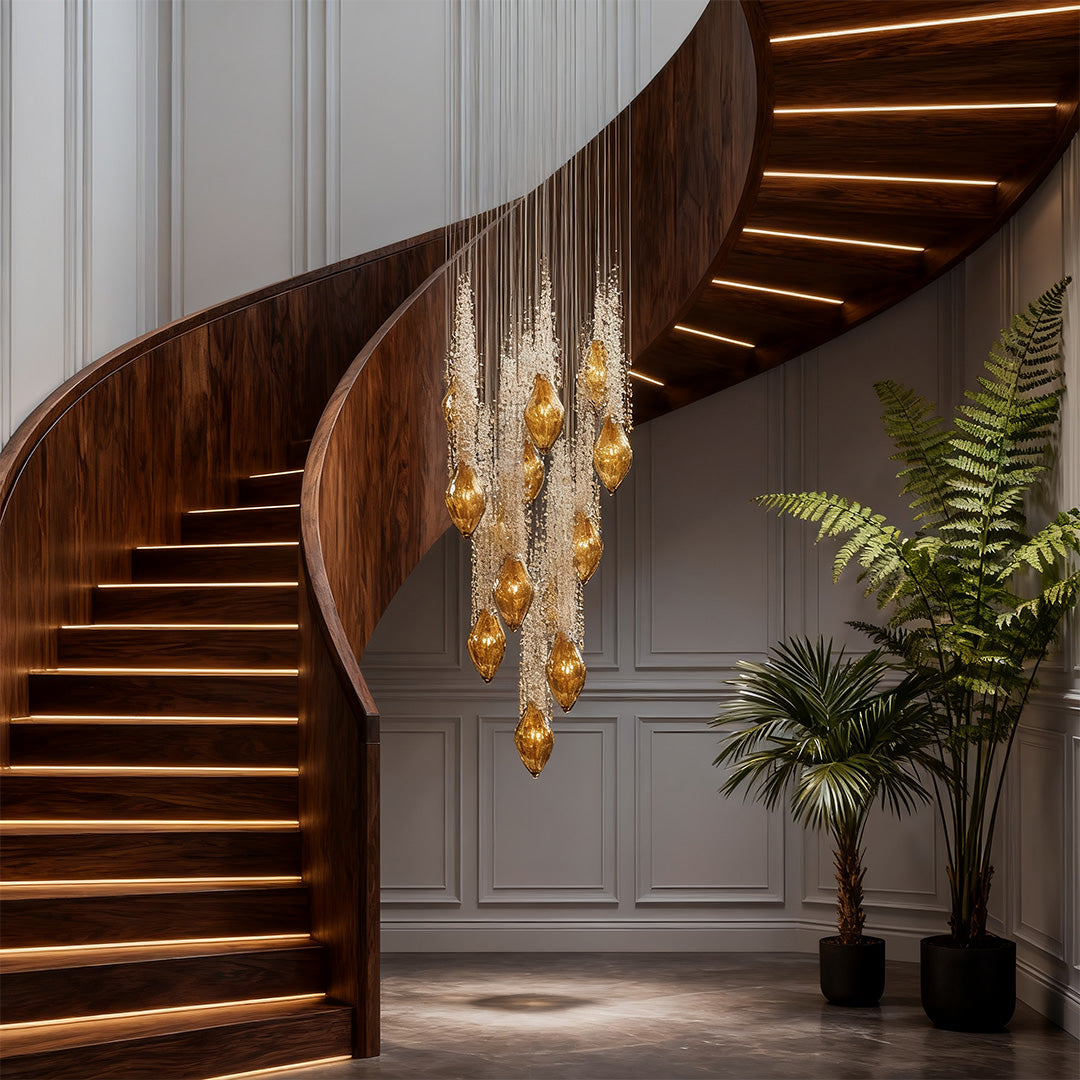 Cognac Crystal Cascade Staircase Chandelier, Stainless Steel Light