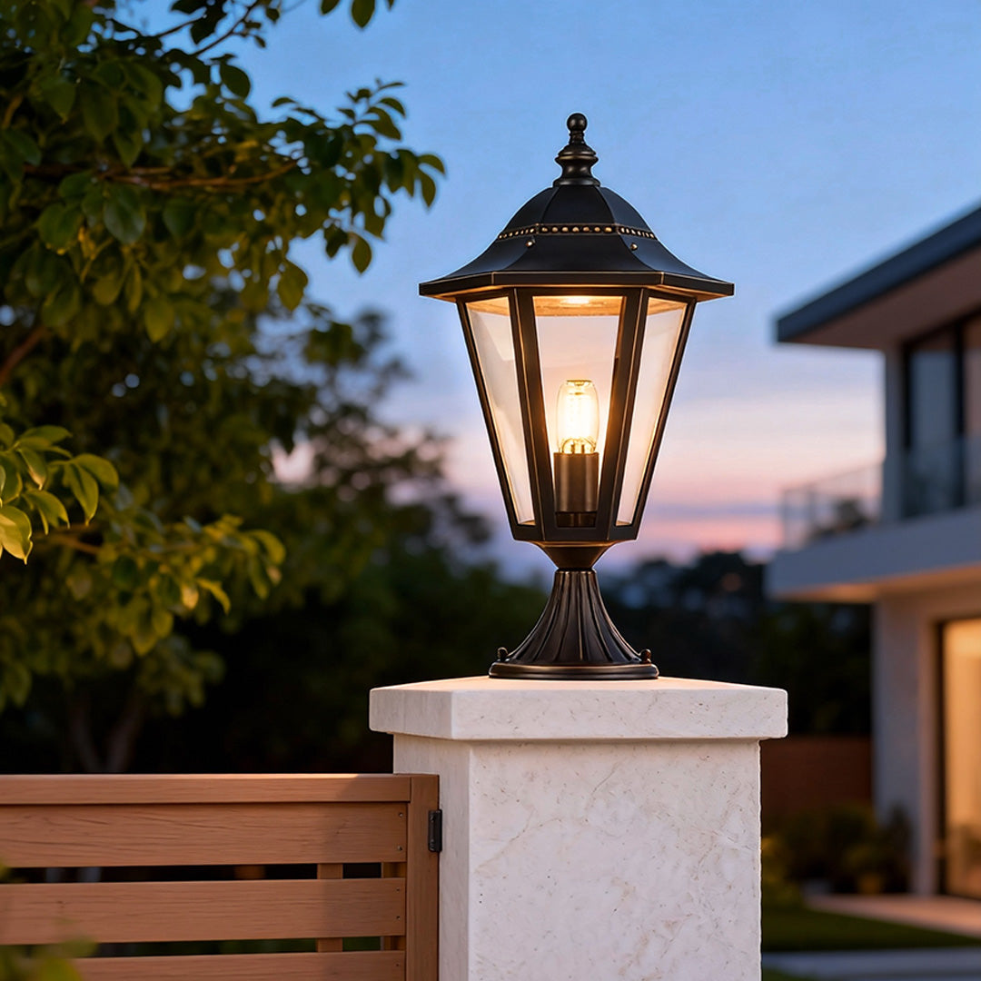 Hexagon Gate Pillar Light, Black Copper and Glass Pier Light