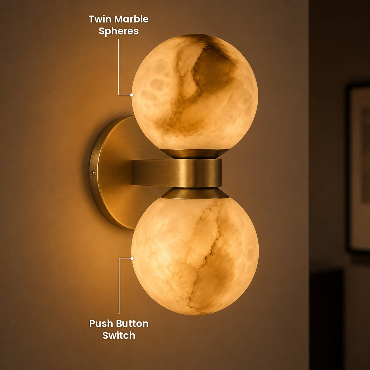 Marble Dual Globe Wall Sconce: Twin Marble Spheres, Push Button Switch