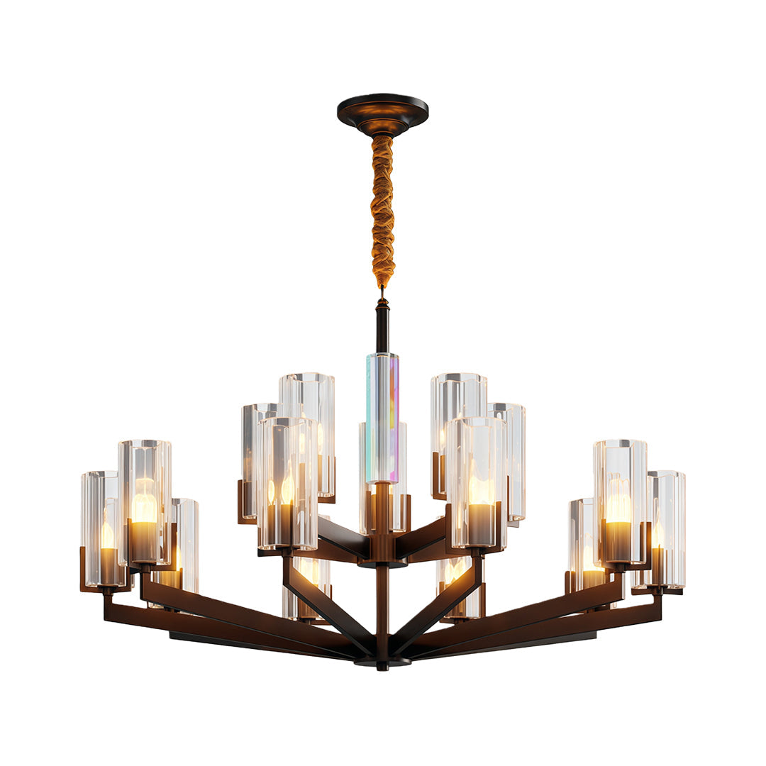 Ribbed Glass Candle Chandelier, Solid Brass Modern Ceiling Light 29