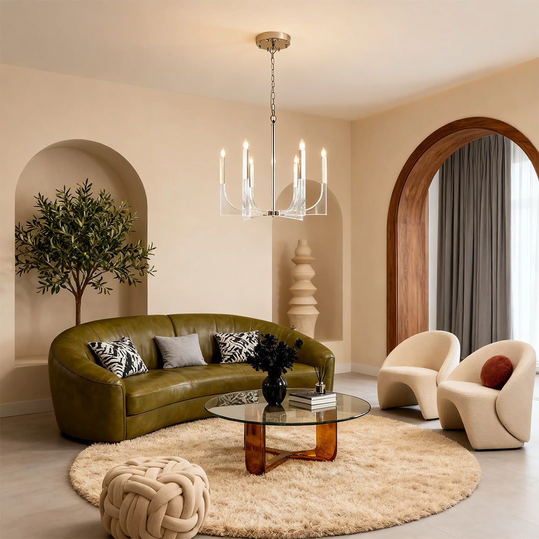 Acrylic Arch Candle Chandelier, Silver Metal Modern Ceiling Light