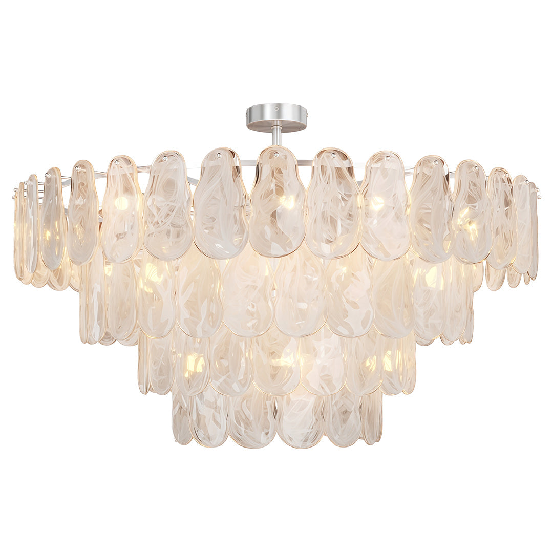 Chandelier in a bedroom with a city view