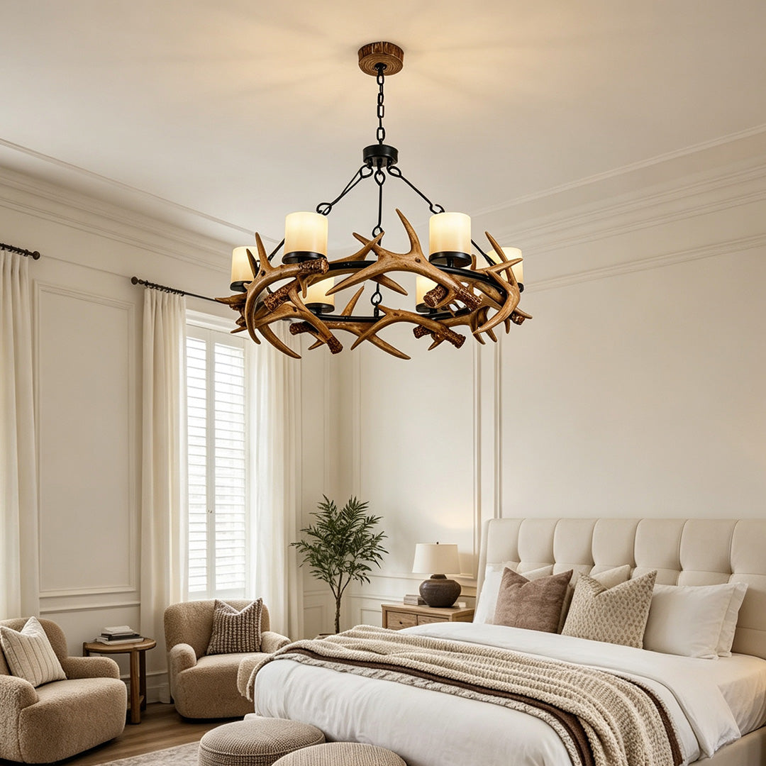 Resin Antler Candle Chandelier, Black Iron Rustic Lodge Ceiling Light