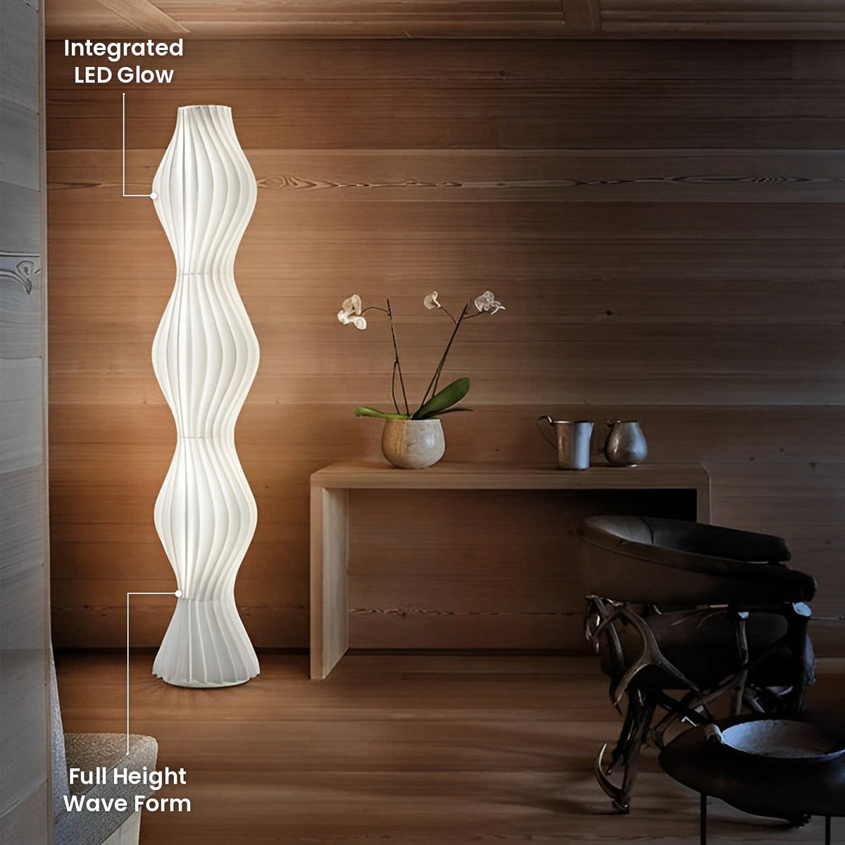 Coastal Wavy Floor Lamp: Full Height Wave Form, Integrated LED Glow